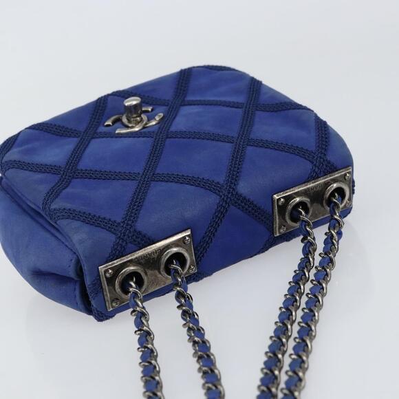 CHANEL Chain Matelasse Shoulder Bag Lamb Skin Blue Silver CC Auth bs31400 - Picture 6 of 16